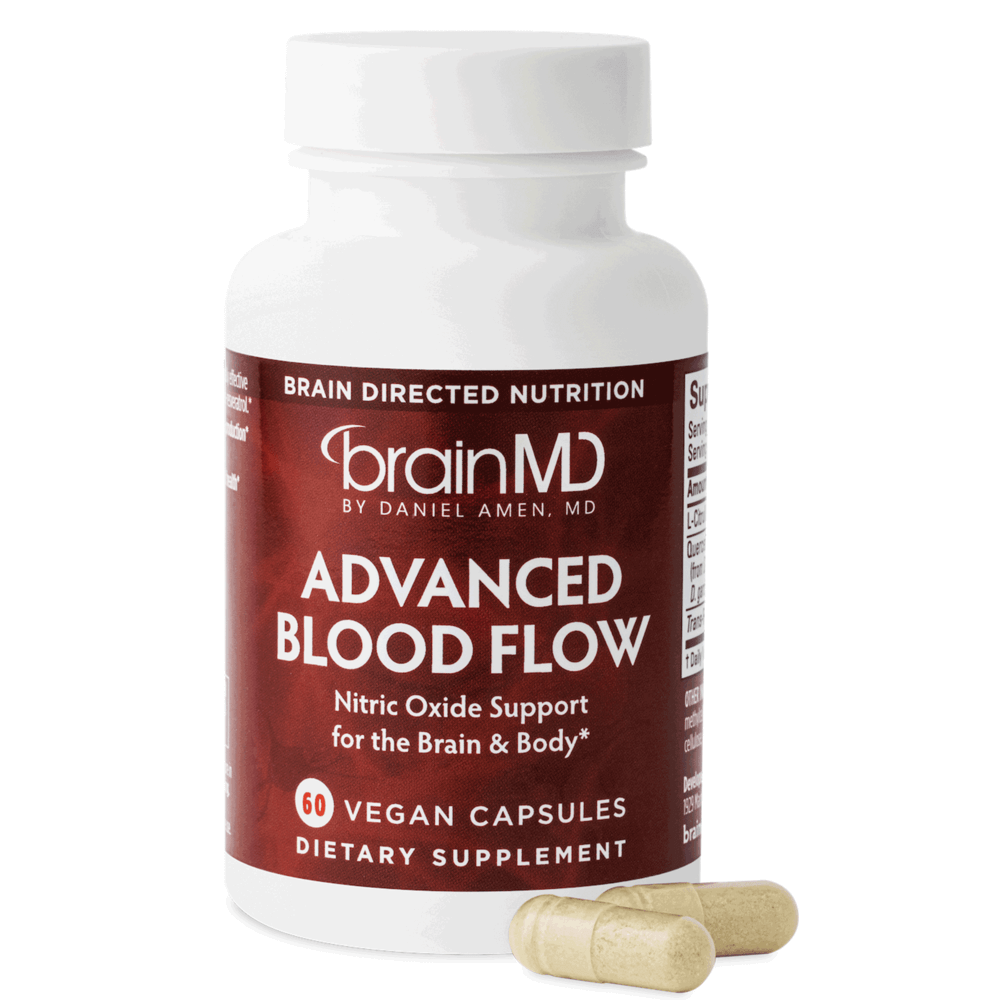 Bottle of Advanced Blood Flow nitric oxide supplement for brain and body health, featuring vegan capsules.