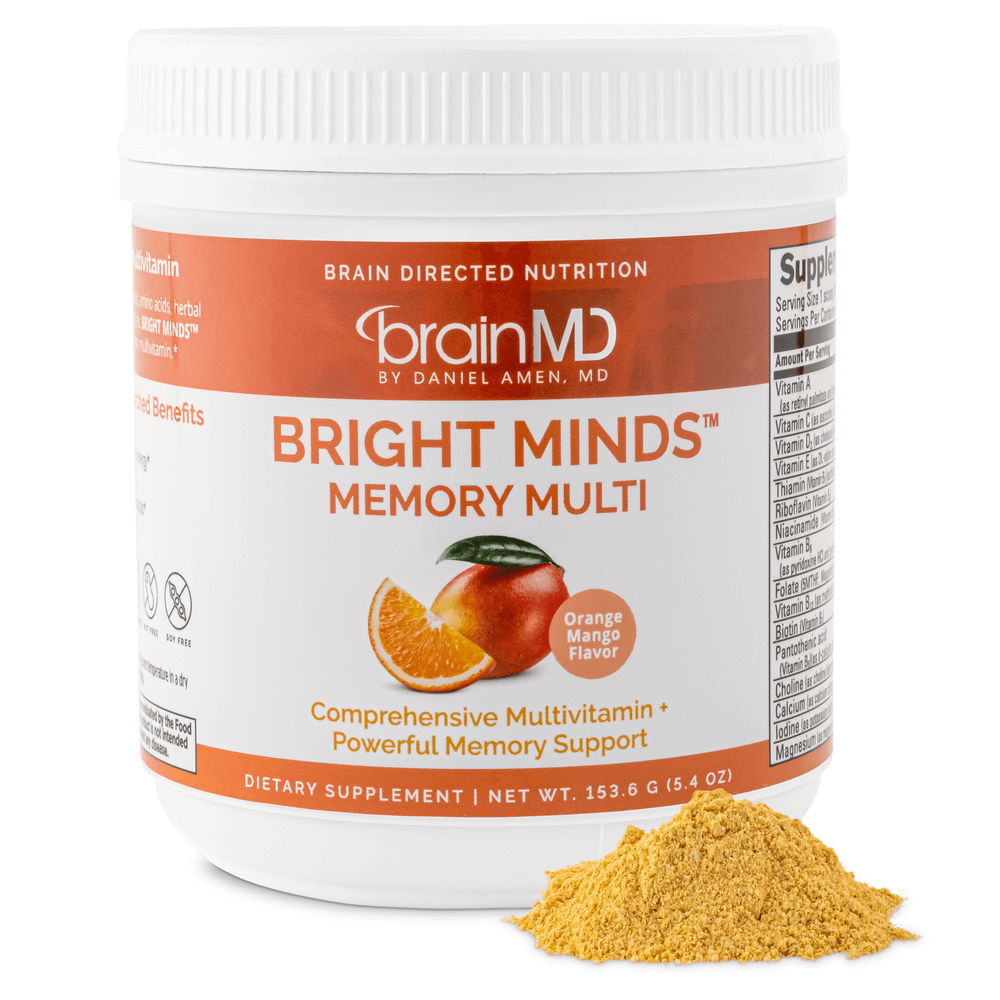 Bright Minds Memory Multi supplement container with orange mango flavor offering brain health and cognitive support.